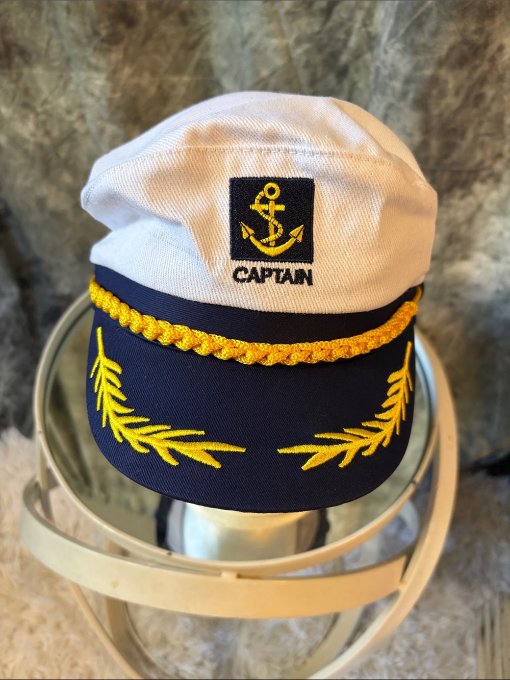 Captain Embroidered Nautical Hat - White & Navy with Gold Accents